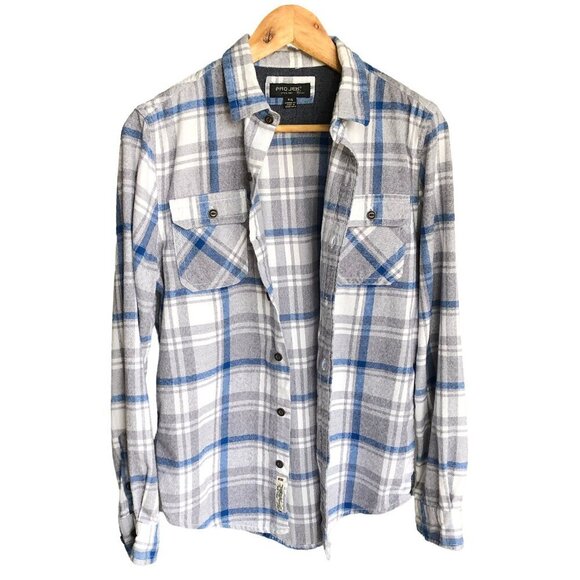PROJEK RAW Men’s Flannel Plaid Button-Down Shirt 100% Cotton Blue Gray Small - Picture 2 of 14